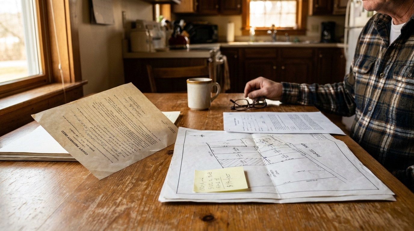person reviewing county property deed and parcel map documents at kitchen table
