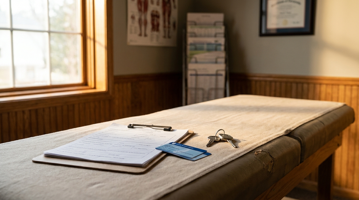 Houston Car Accident Medical Exam Room With Insurance Card medical exam table with clipboard, intake form, insurance card, and keys