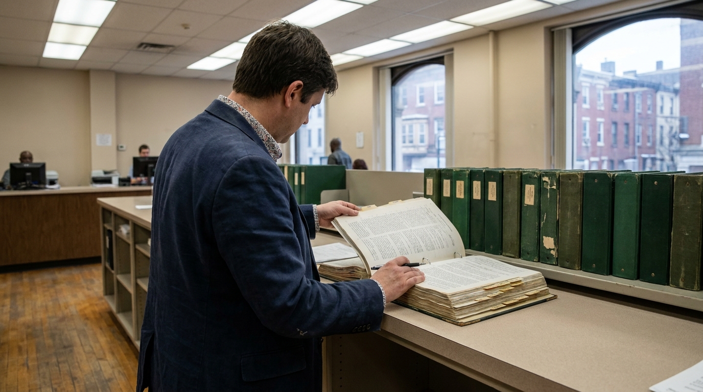 Philadelphia Real Estate Attorney Reviewing Transfer Tax Documents attorney reviewing open binder and stacked legal documents at records office counter