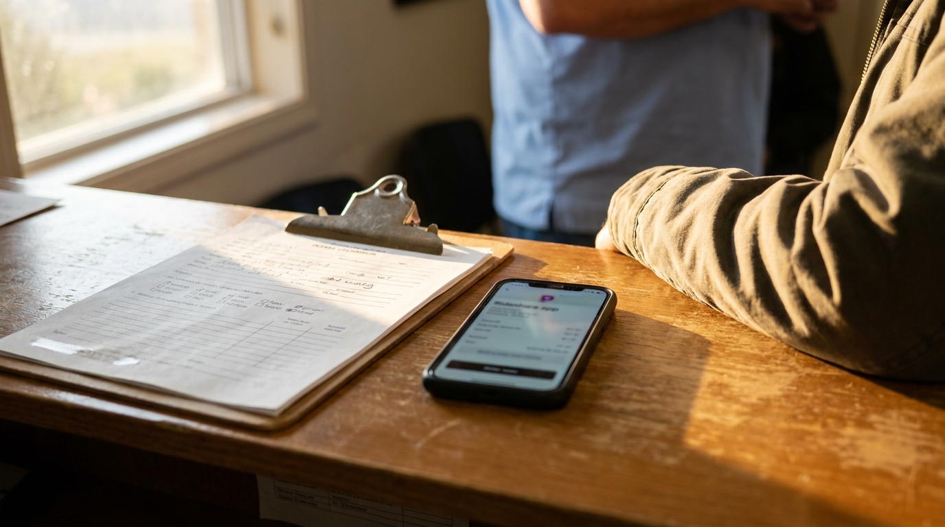 clipboard with handwritten form and smartphone resting on wooden desk