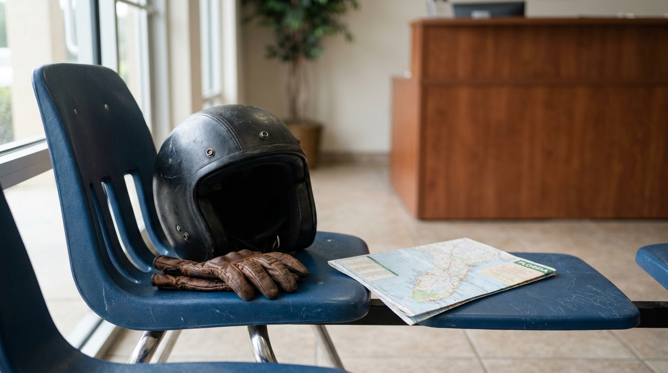 motorcycle helmet and riding gloves beside Florida road map on waiting room chair