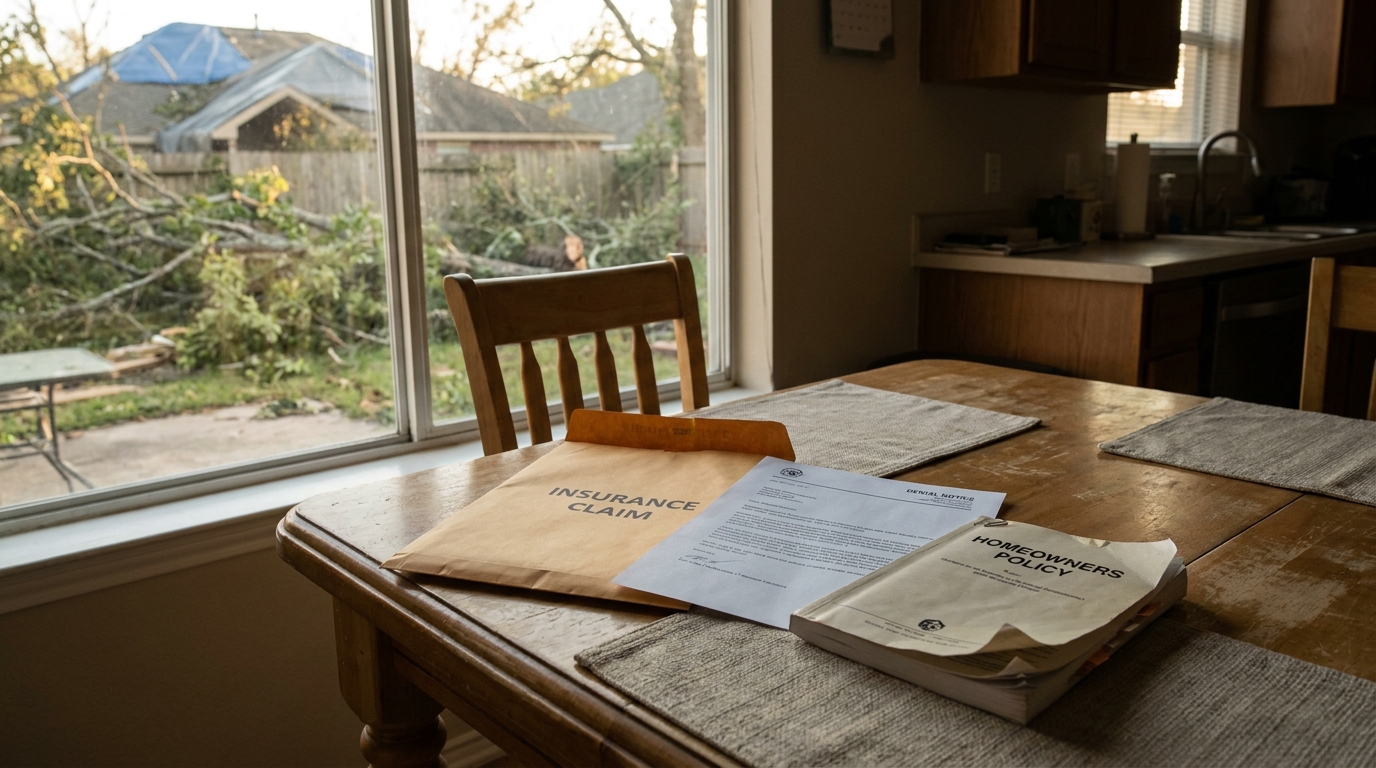 Houston Home Insurance Claim Denial Notice Storm Damage Insurance claim envelope, denial notice, and homeowners policy documents on table with storm-damaged yard visible