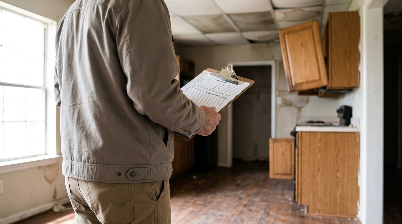 Houston Adjuster Completing Proof of Loss Form in Damaged Home inspector holding clipboard with claim document inside severely damaged property