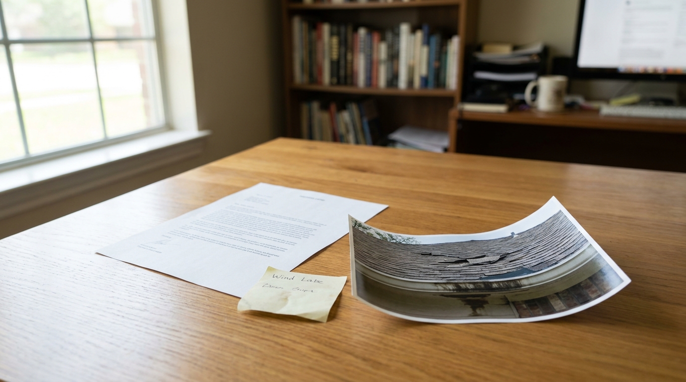 Houston Home Insurance Denial Letter With Roof Damage Photo printed letter, sticky note labeled Wind Lake, and damaged roof photograph on wooden desk