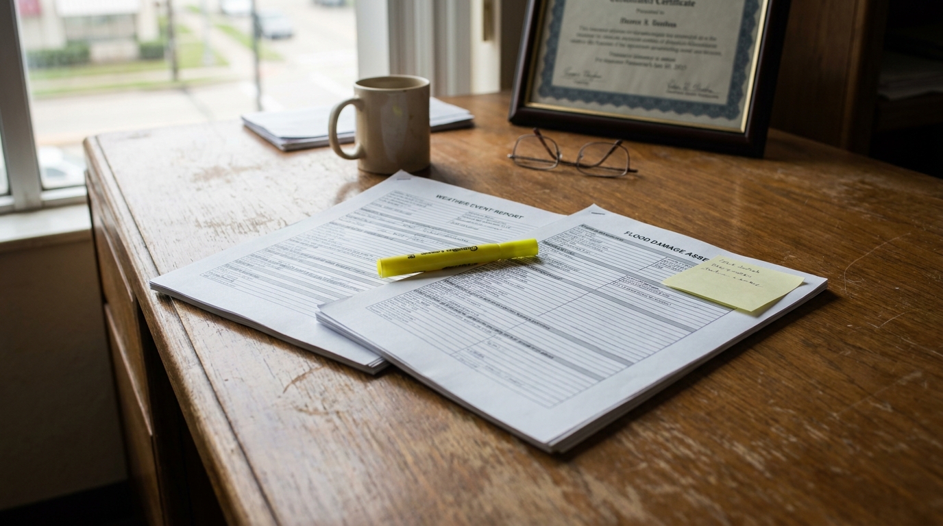 Houston Flood Damage Assessment and Weather Event Report Documents Weather Event Report and Flood Damage Assessment forms on wooden desk with highlighter