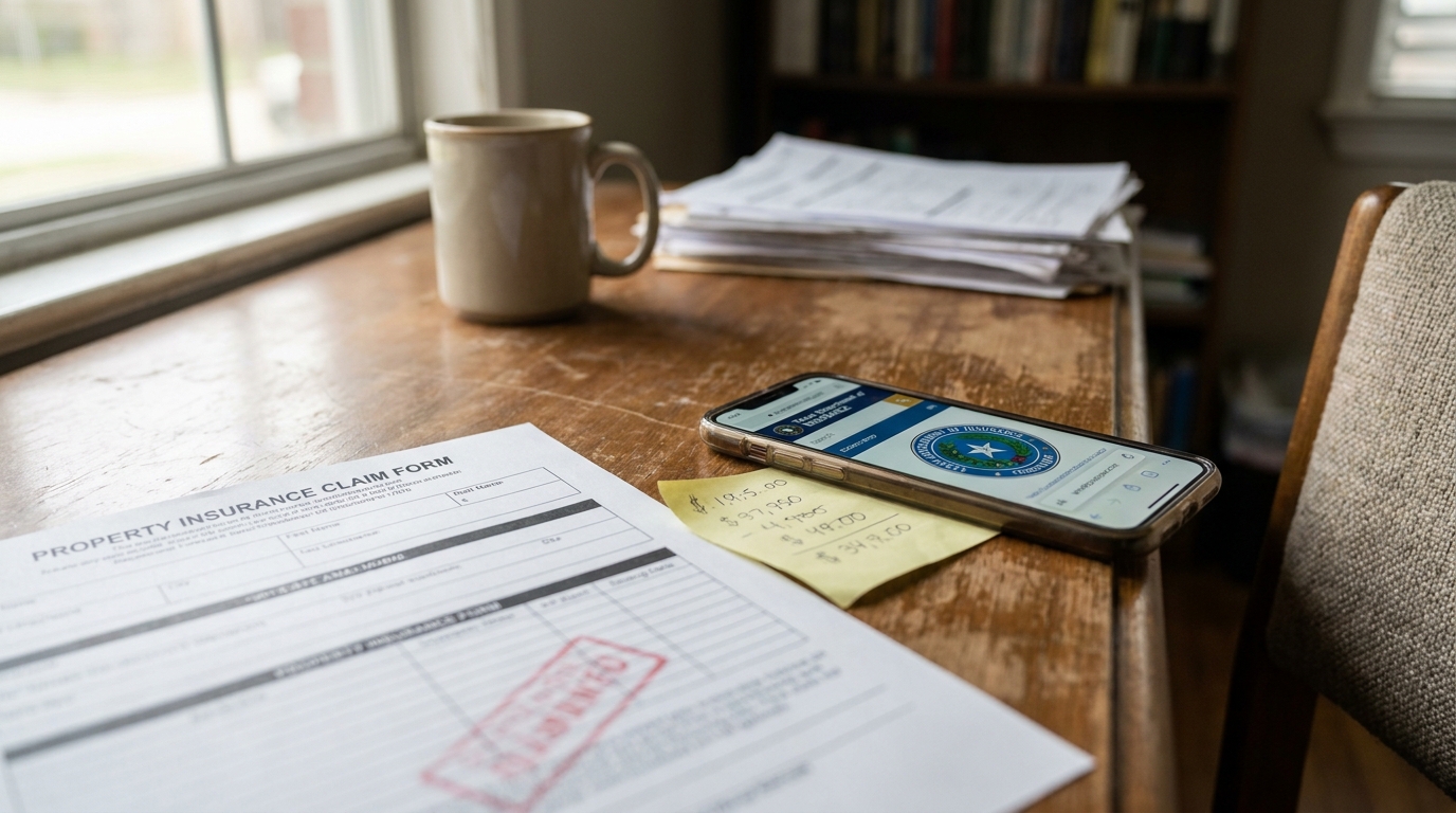 Houston Homeowner Denied Property Insurance Claim Form Property Insurance Claim Form with denied stamp beside smartphone and handwritten notes
