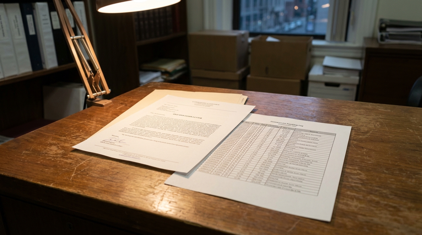 authorization letter and commercial trucking log documents on law office desk