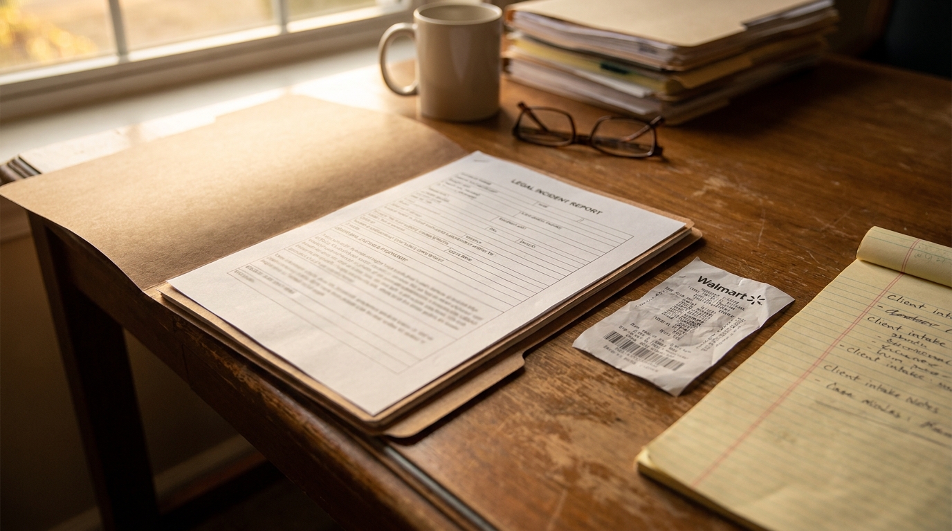 Legal Incident Report in folder beside Walmart receipt and client intake notepad on desk