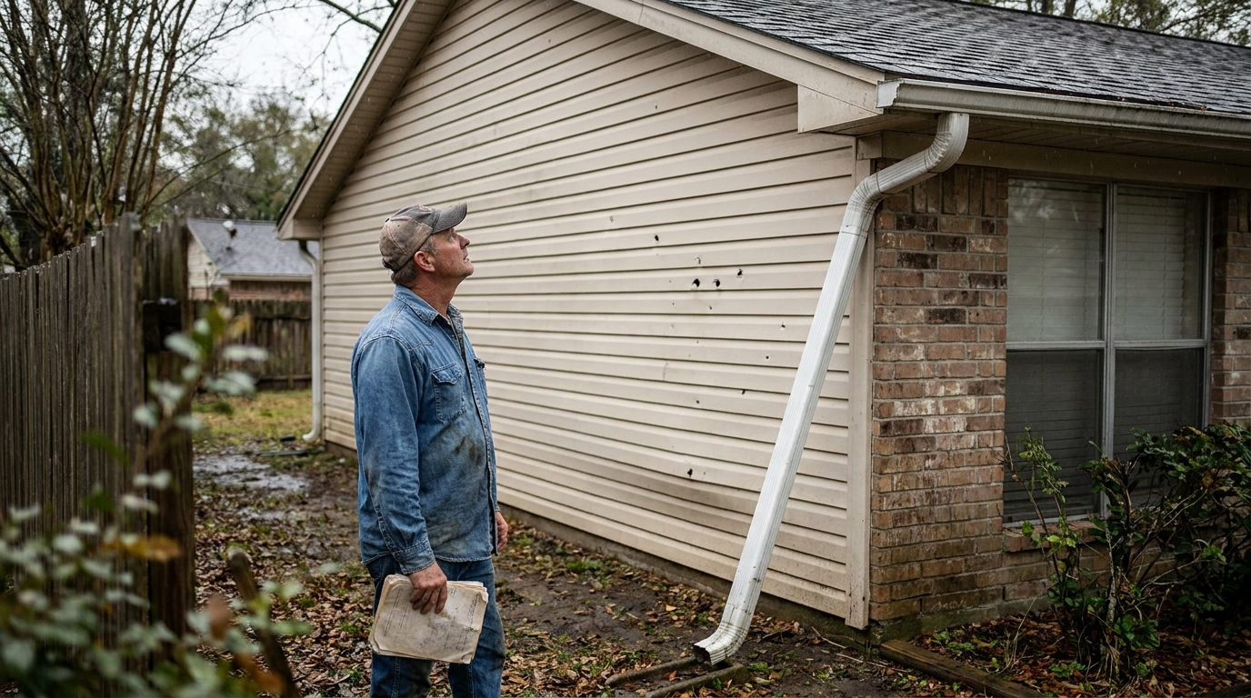 Houston Homeowner Inspecting Property Damage After Claim Denial man holding clipboard inspecting exterior siding and gutter damage on residential home