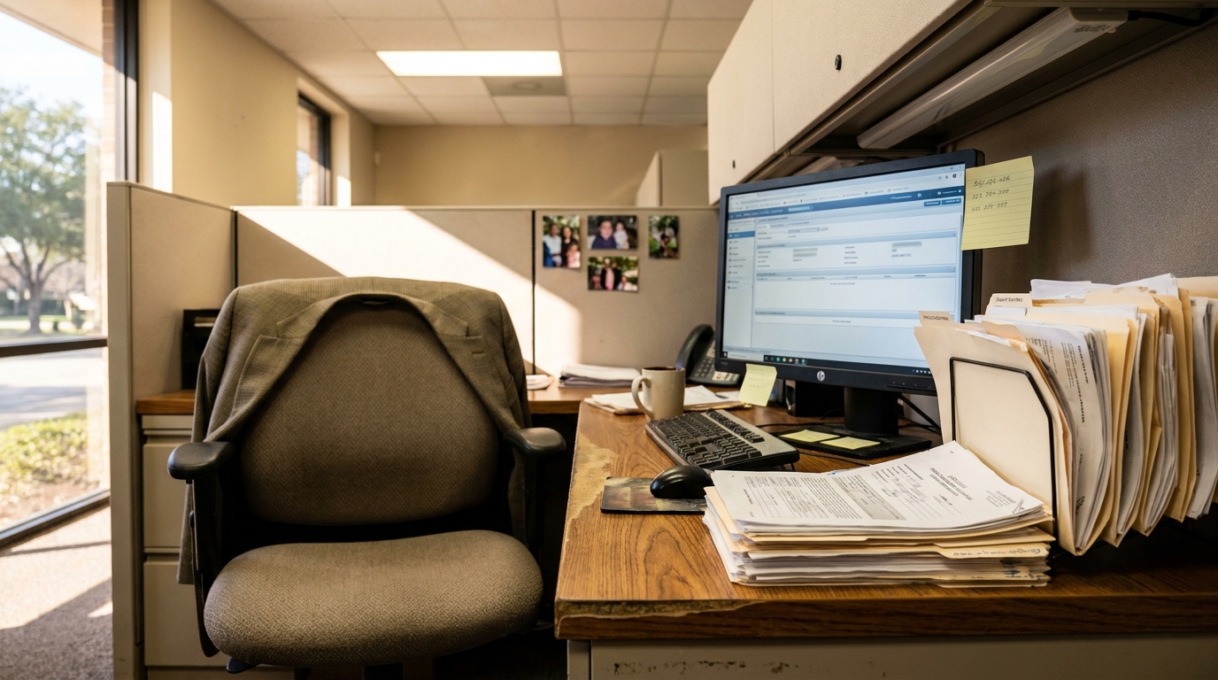Houston Bad Faith Insurance Attorney Office With Case Files law office cubicle desk with stacked case files, monitor, and office chair