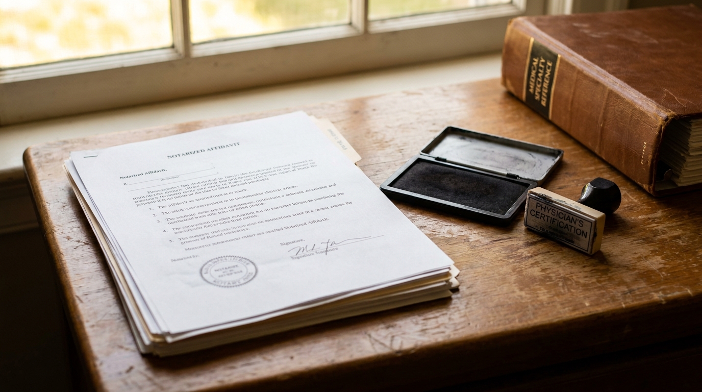 Illinois Affidavit of Merit Notarized Document Medical Malpractice Notarized affidavit with notary seal, physician's certification stamp, and medical reference book on wooden desk