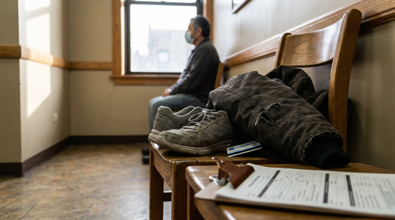 Injured Pedestrian Waiting With Claim Form Chicago masked man seated on bench beside worn sneakers, jacket, and clipboard form