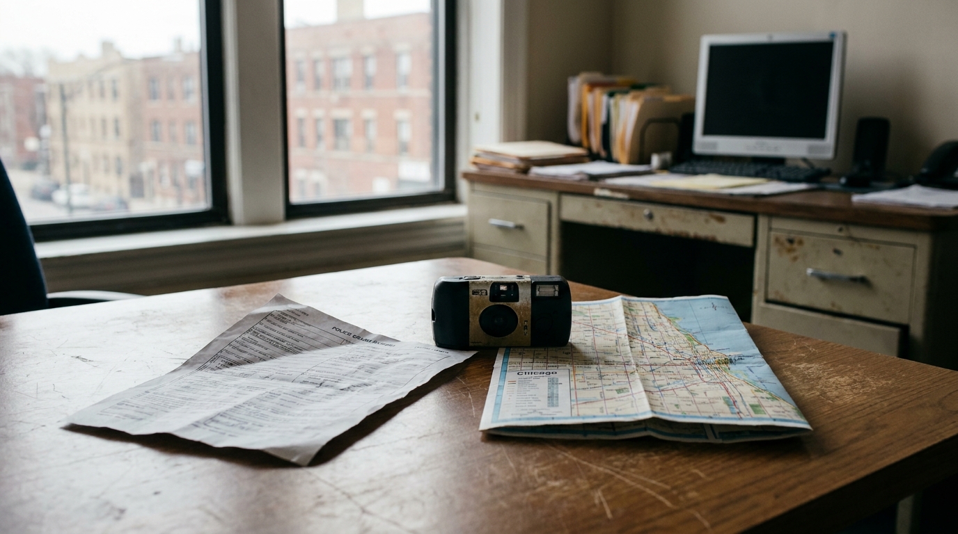 Chicago Car Crash Evidence Police Report and Camera police complaint report, Chicago map, and camera on investigator's desk