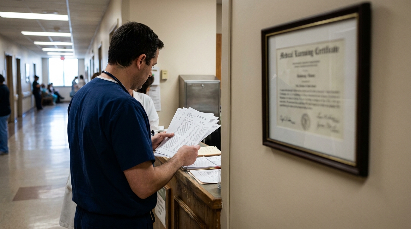 Illinois Doctor Reviewing Medical Records for Malpractice Affidavit medical professional in scrubs reviewing patient documents near framed Medical Licensing Certificate