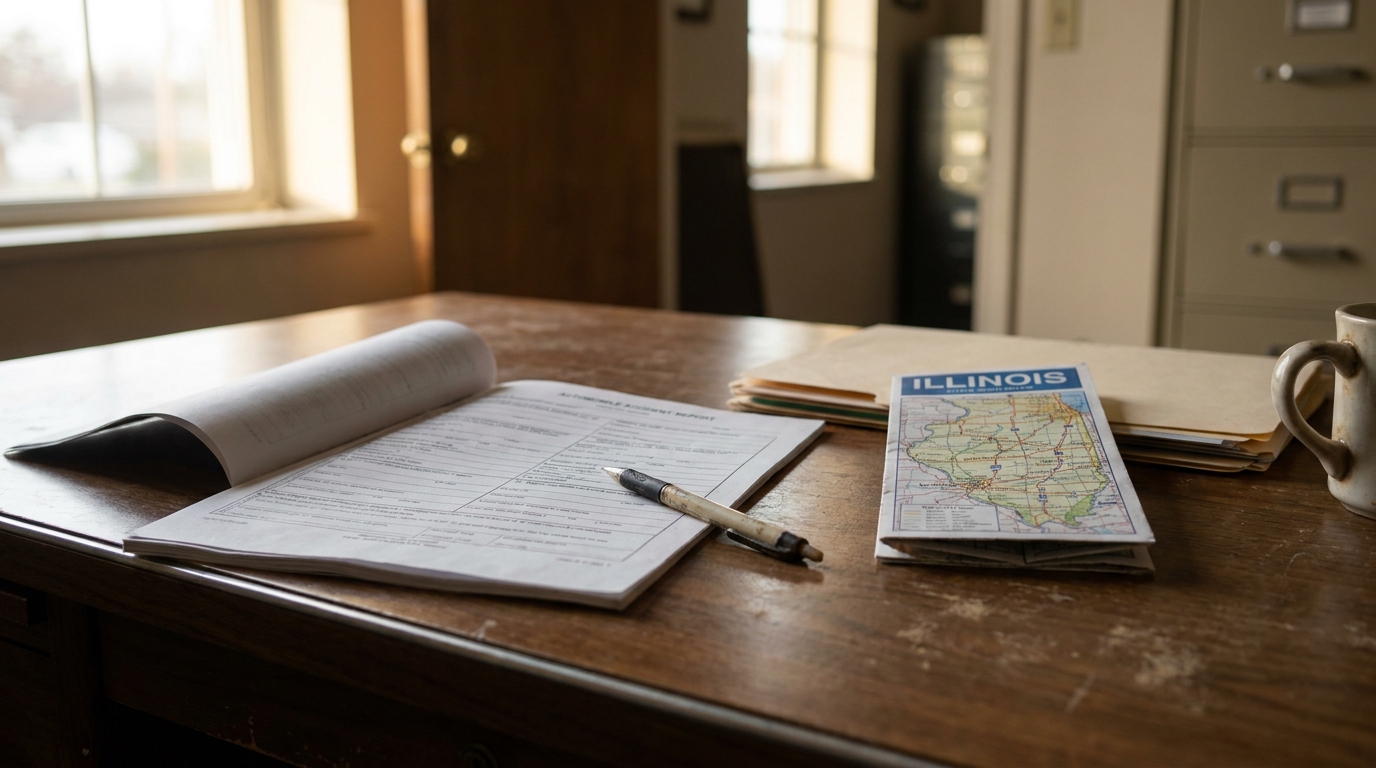 Illinois Car Accident Report Fault Determination Desk automobile accident report form and Illinois map on wooden desk