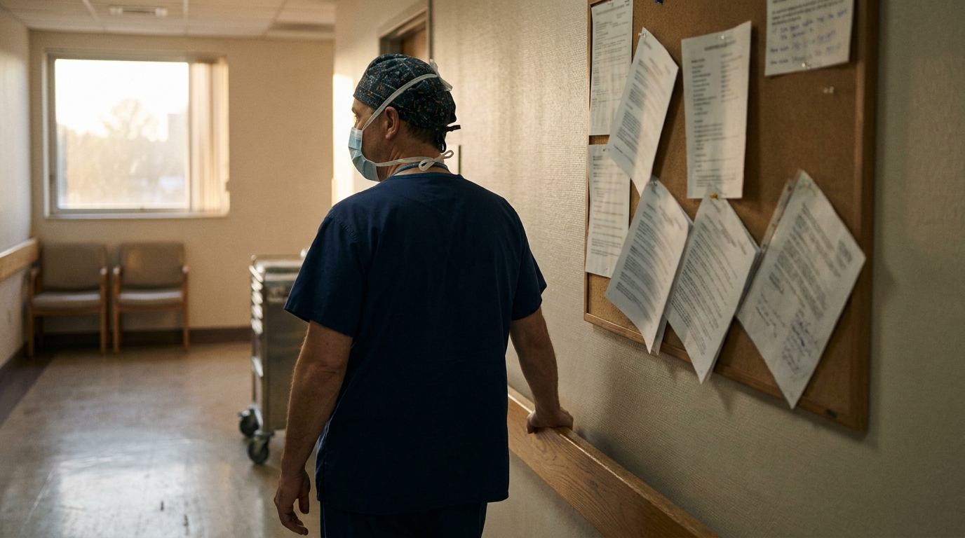 Illinois Hospital Doctor Medical Malpractice Filing Deadline surgeon in scrubs and surgical mask reviewing documents on hospital corridor bulletin board