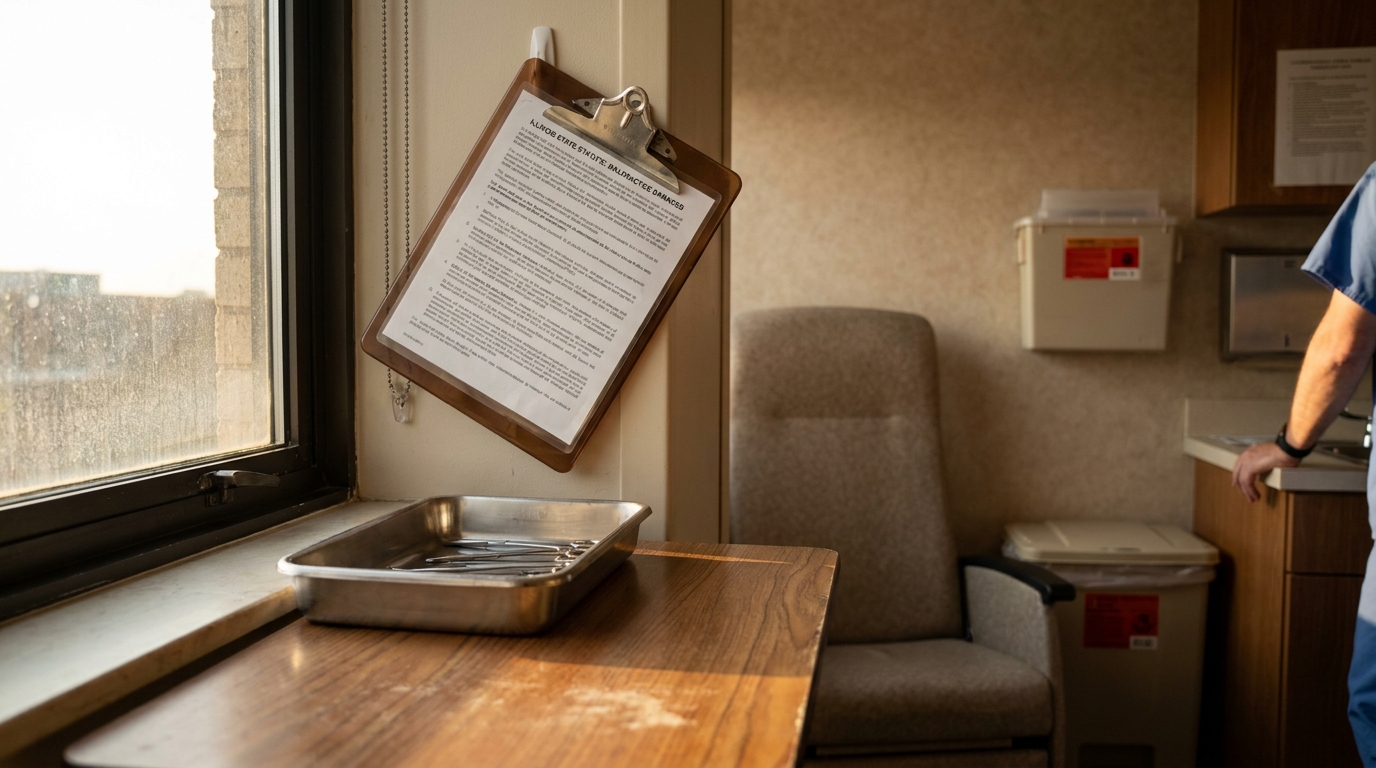 Illinois Medical Malpractice Damages Document in Hospital Room medical clipboard with patient document hanging in clinical examination room