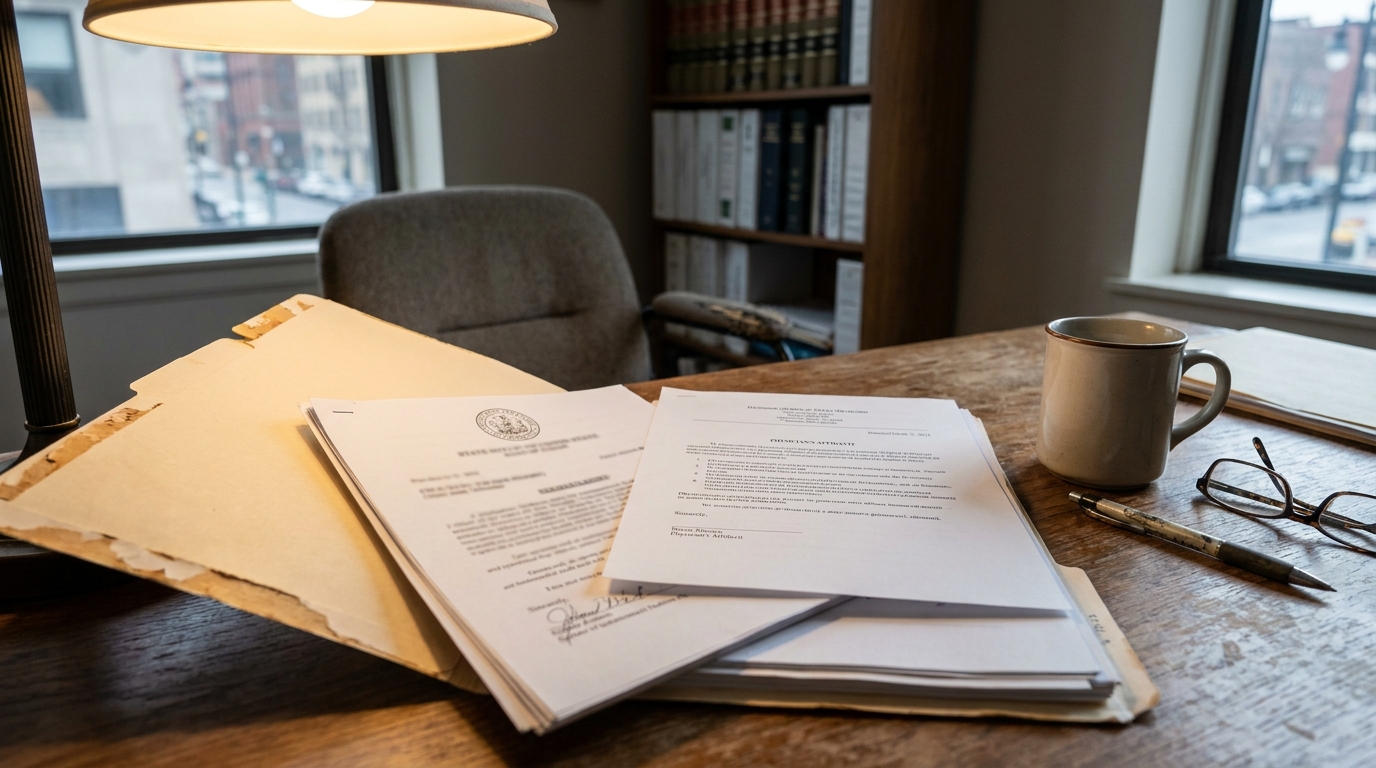 Chicago Medical Malpractice Certificate of Merit Legal Documents Physician affidavit and signed legal documents open on attorney office desk
