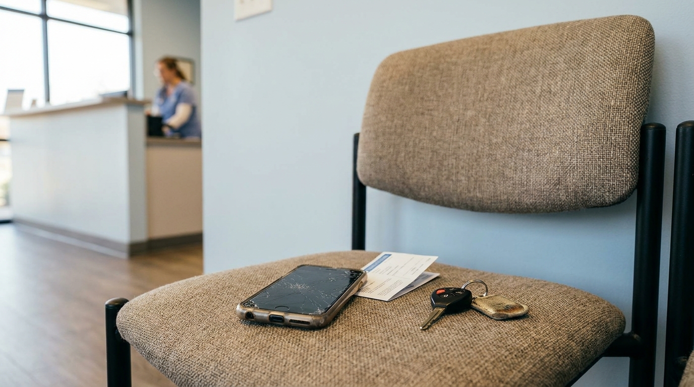 Chicago Car Accident Victim Waiting Room With Cracked Phone cracked smartphone and car keys resting on waiting room chair with document