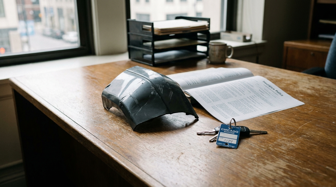 Chicago Car Accident Attorney Desk With Insurance Policy damaged car part, insurance policy document, and keys on office desk