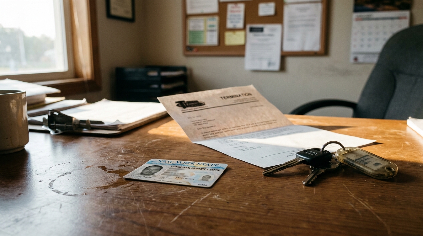 termination letter, New York State commercial driver's license, and keys on desk