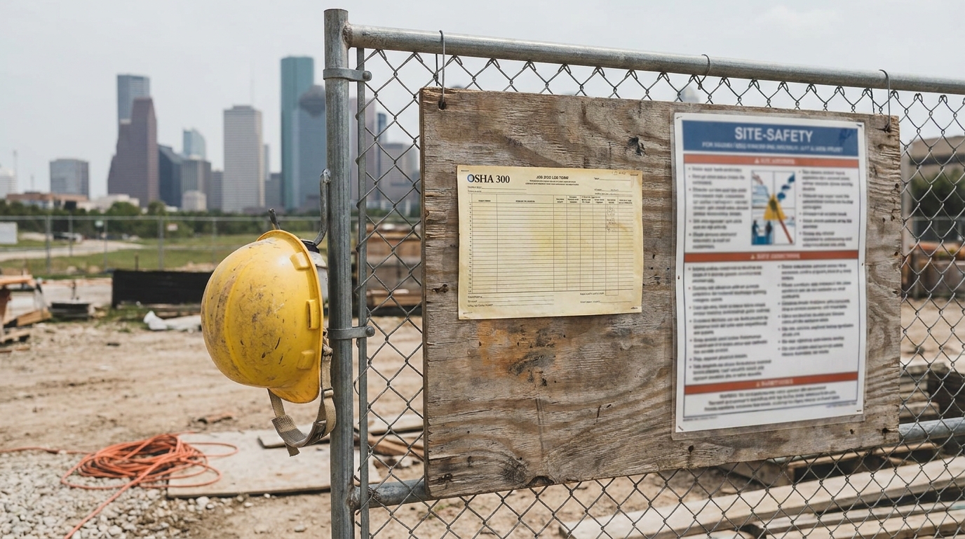 OSHA Safety Sign and Hard Hat Houston Construction Site hard hat hanging on construction site fence with OSHA 300 log and site-safety sign