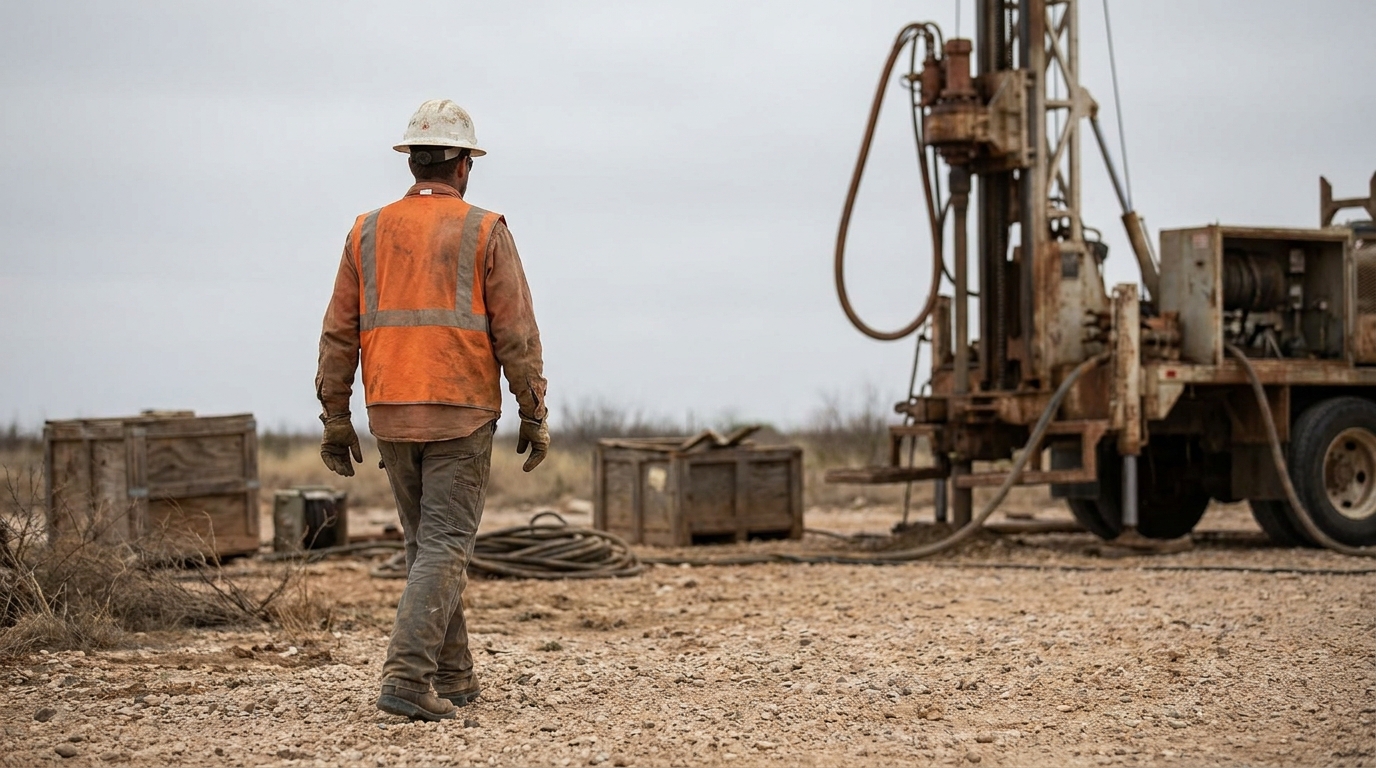 construction worker in hard hat and safety vest walking toward industrial drilling rig