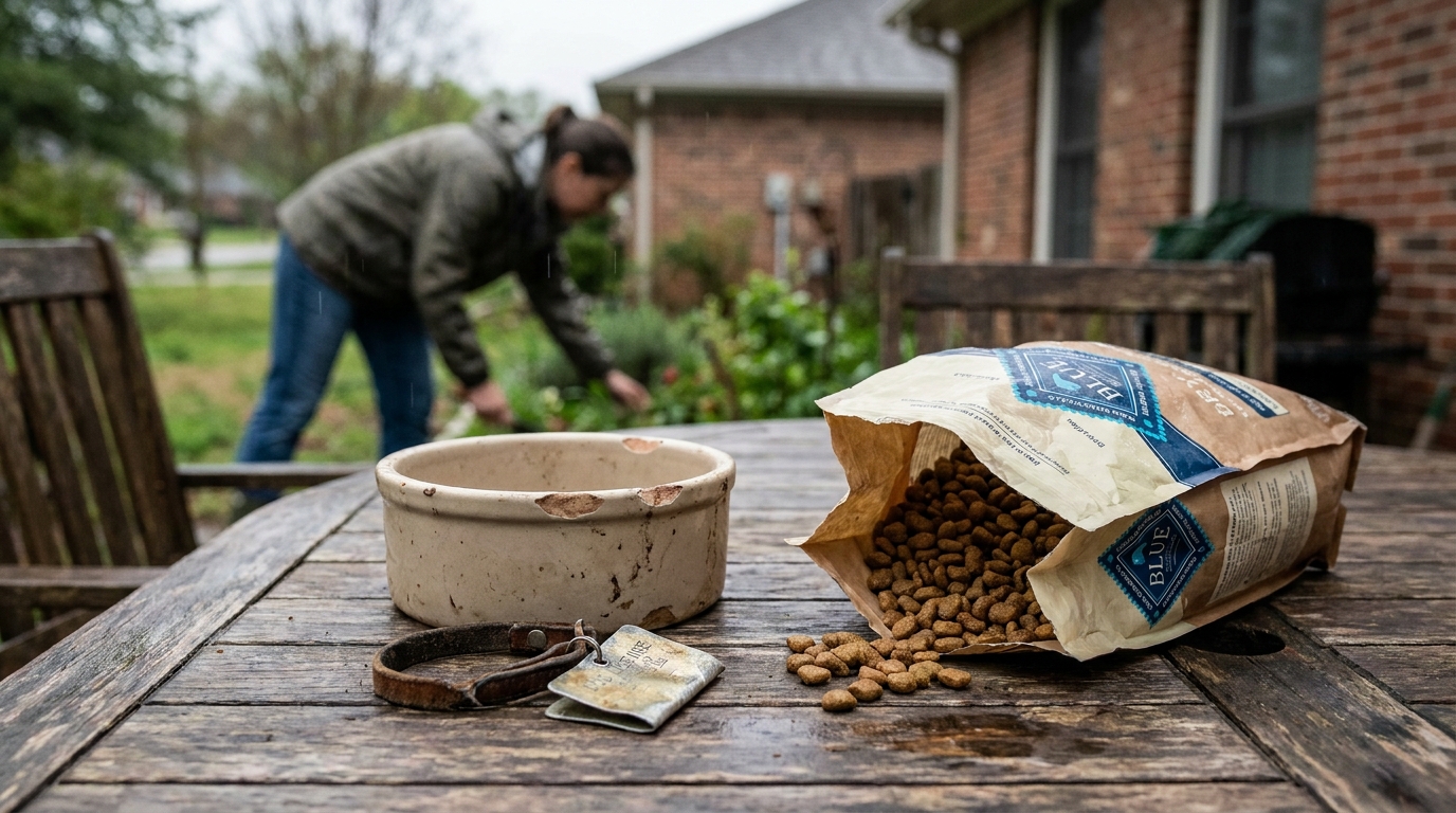 Columbus Ohio Dog Keeper Feeding and Harboring Evidence Blue Buffalo dog food bag spilled on outdoor table beside empty pet bowl and collar
