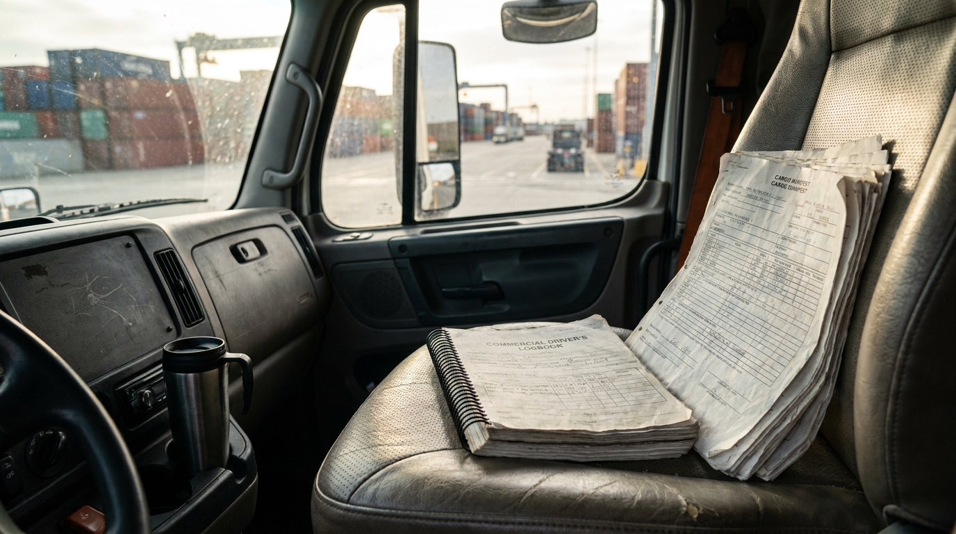 Commercial driver's logbook and cargo manifest documents on truck cab seat