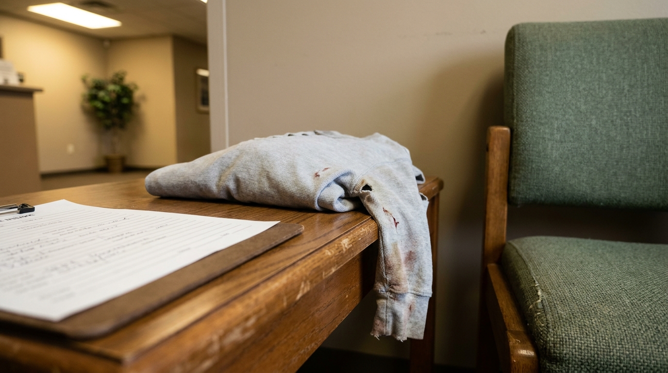 Torn Bloody Clothing and Legal Intake Form Columbus Ohio Dog Bite Claim torn stained garment and clipboard with documents on wooden table in office