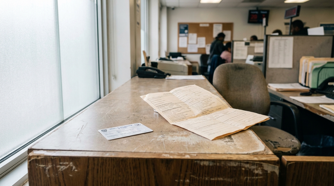open legal form and identification card on government office counter with staff working