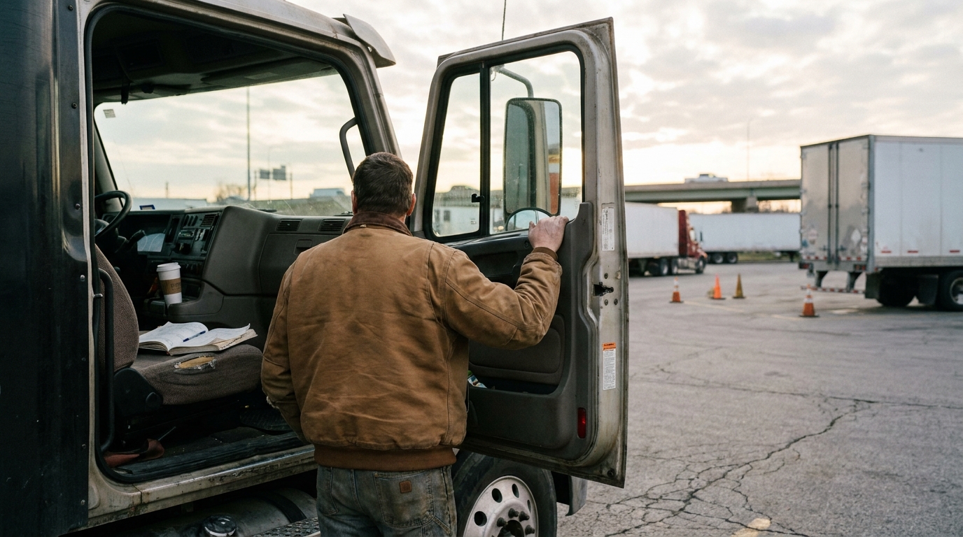 truck driver standing at open cab door with documents and coffee on seat