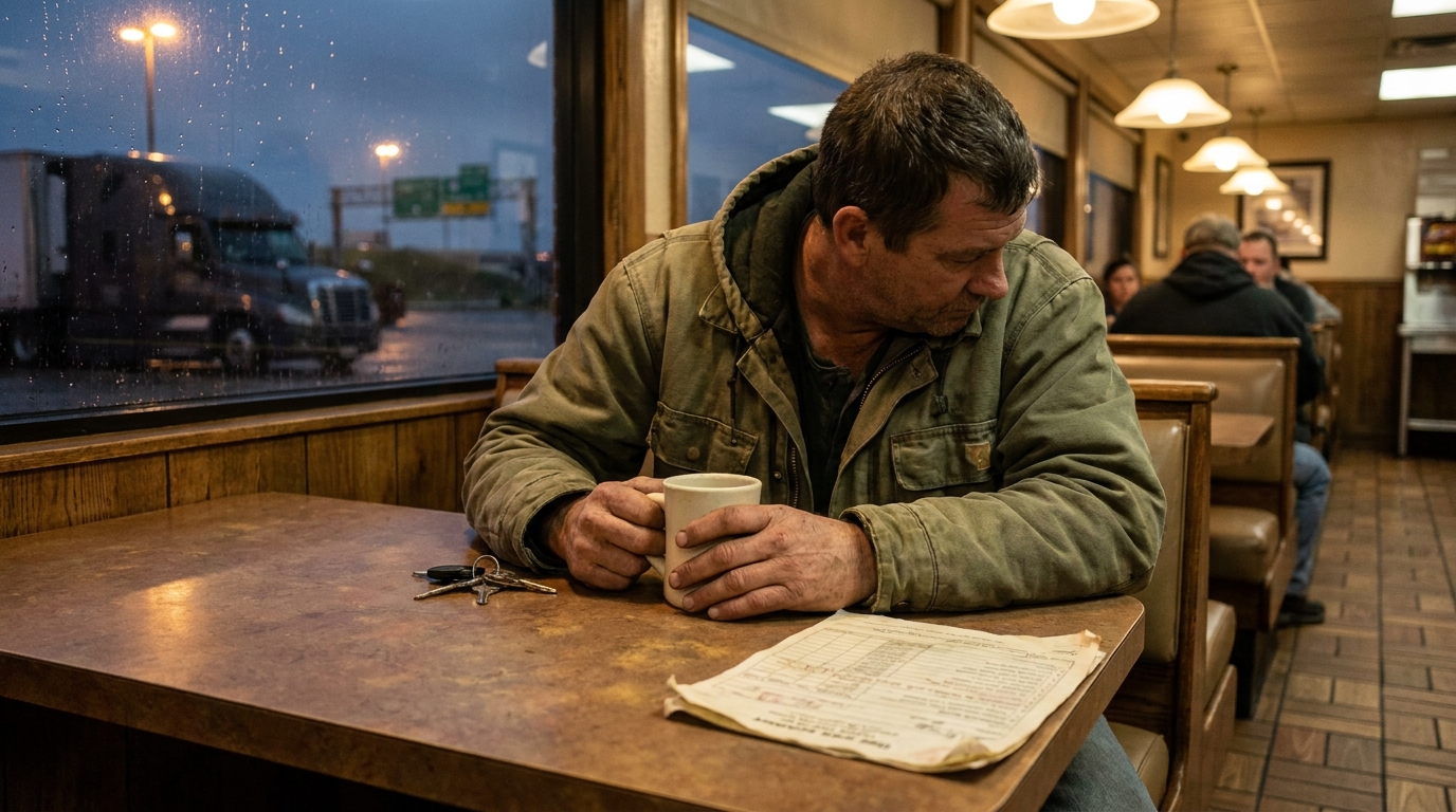 truck driver holding coffee mug at diner booth with keys and document on table