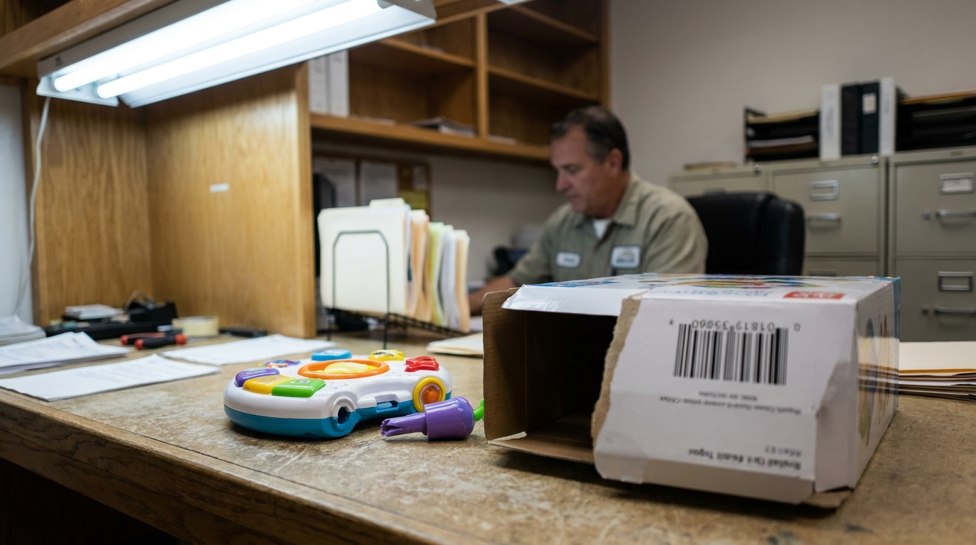 California Defective Product Strict Liability children's toy and open cardboard box with barcode on office desk