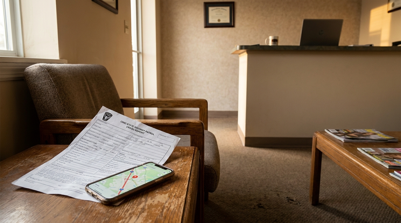 Ohio State Highway Patrol Crash Report Columbus Truck Accident Lawyer Ohio State Highway Patrol crash report and smartphone with map on law office table