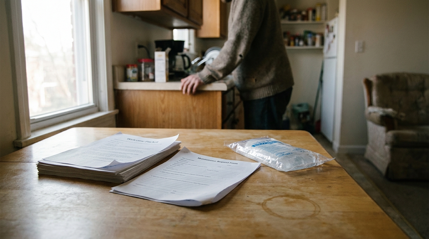 Welcome Packet and Maintenance Request Form on kitchen table with person standing nearby