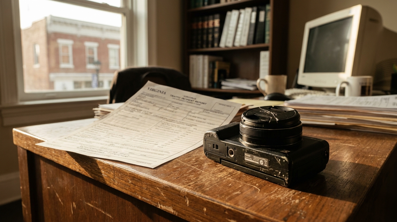 Virginia Traffic Incident Report and Camera Manassas Truck Accident Evidence Virginia Traffic Incident Report and camera resting on wooden law office desk