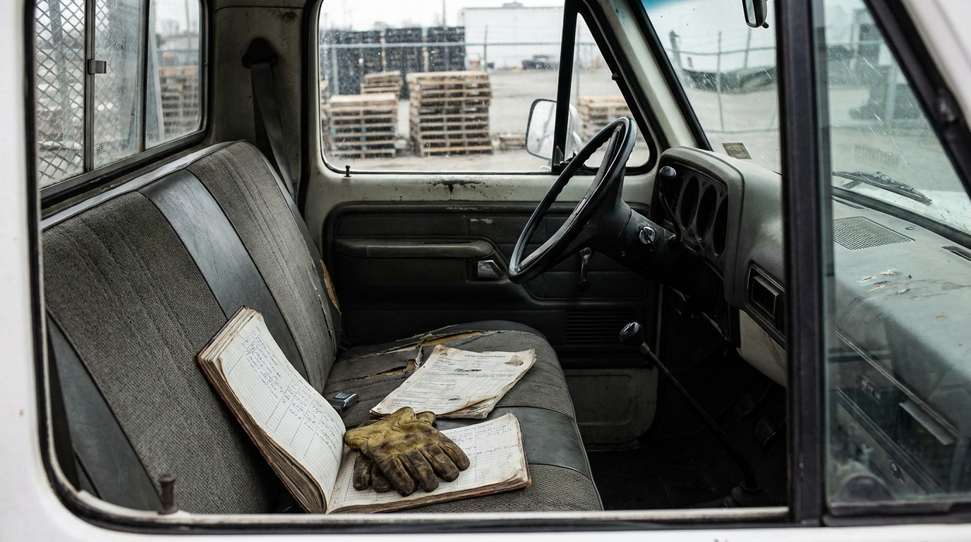 worn work gloves and logbook resting on commercial truck bench seat