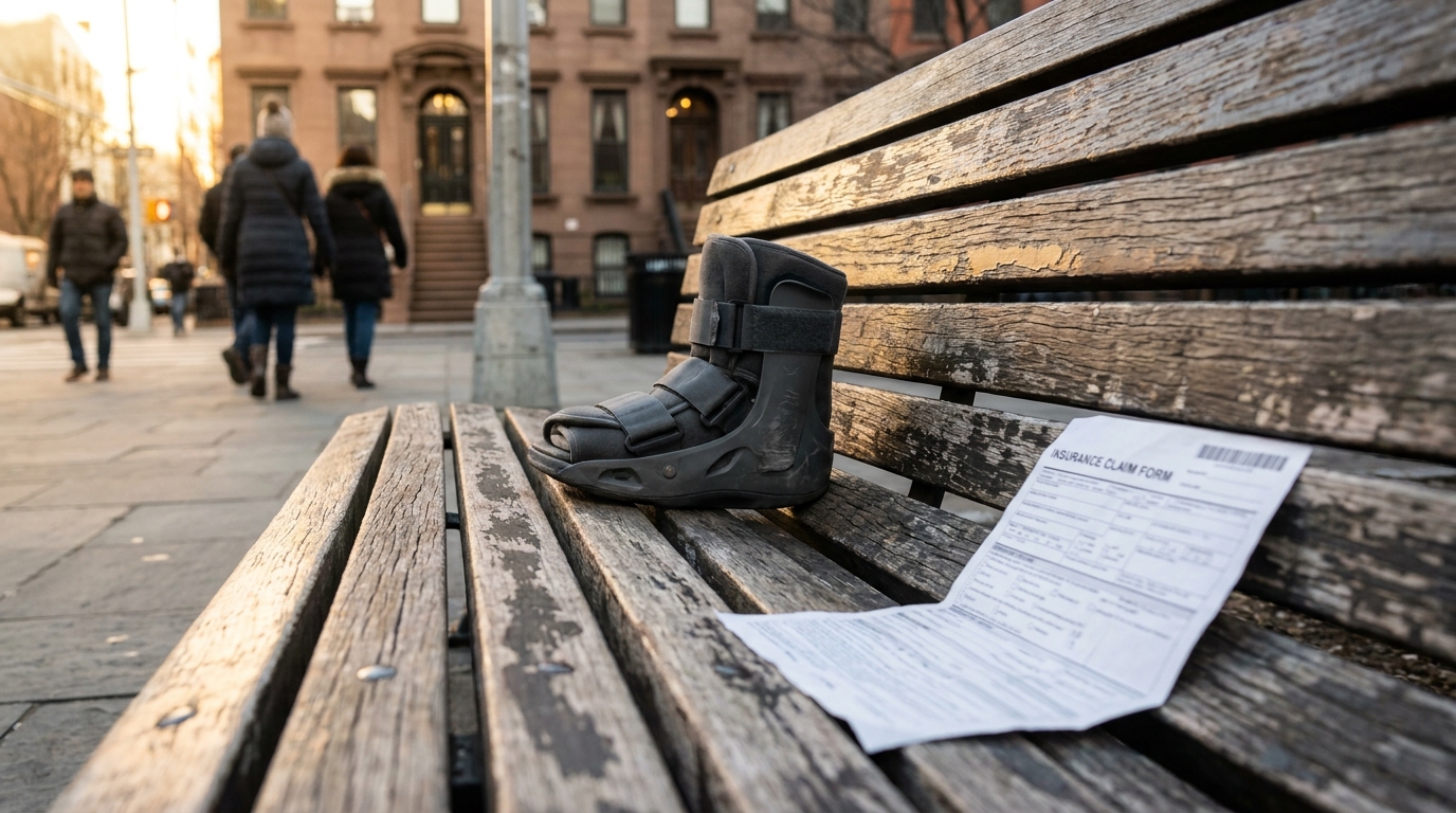 NYC Slip and Fall Injury Boot and Insurance Claim Form orthopedic walking boot and insurance claim form resting on outdoor bench