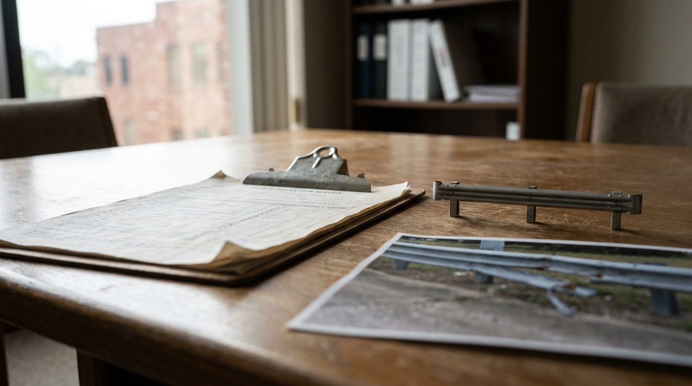 clipboard with inspection report, guardrail model, and accident scene photo on conference table
