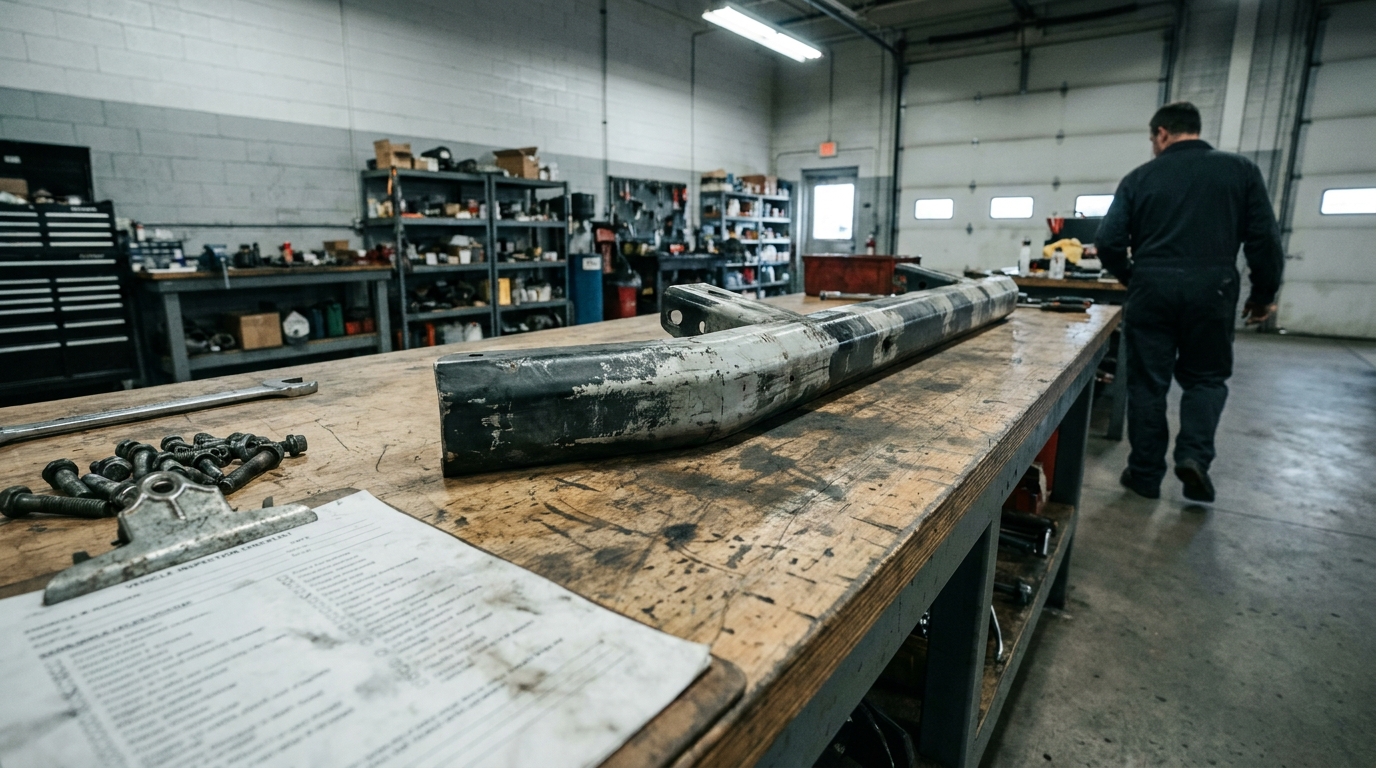 mechanic in auto shop with damaged vehicle frame and inspection checklist on workbench