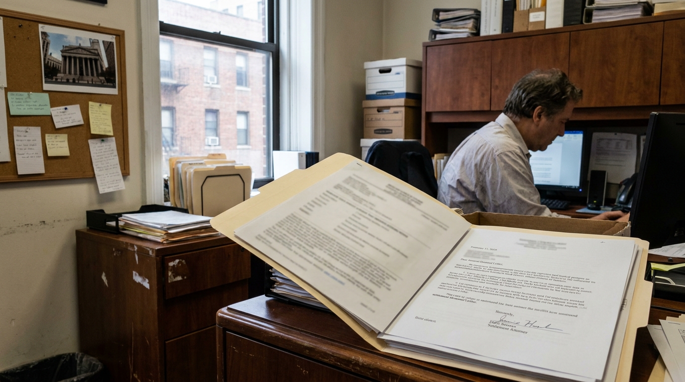 attorney working at desk with open legal file folder and signed settlement letter in foreground