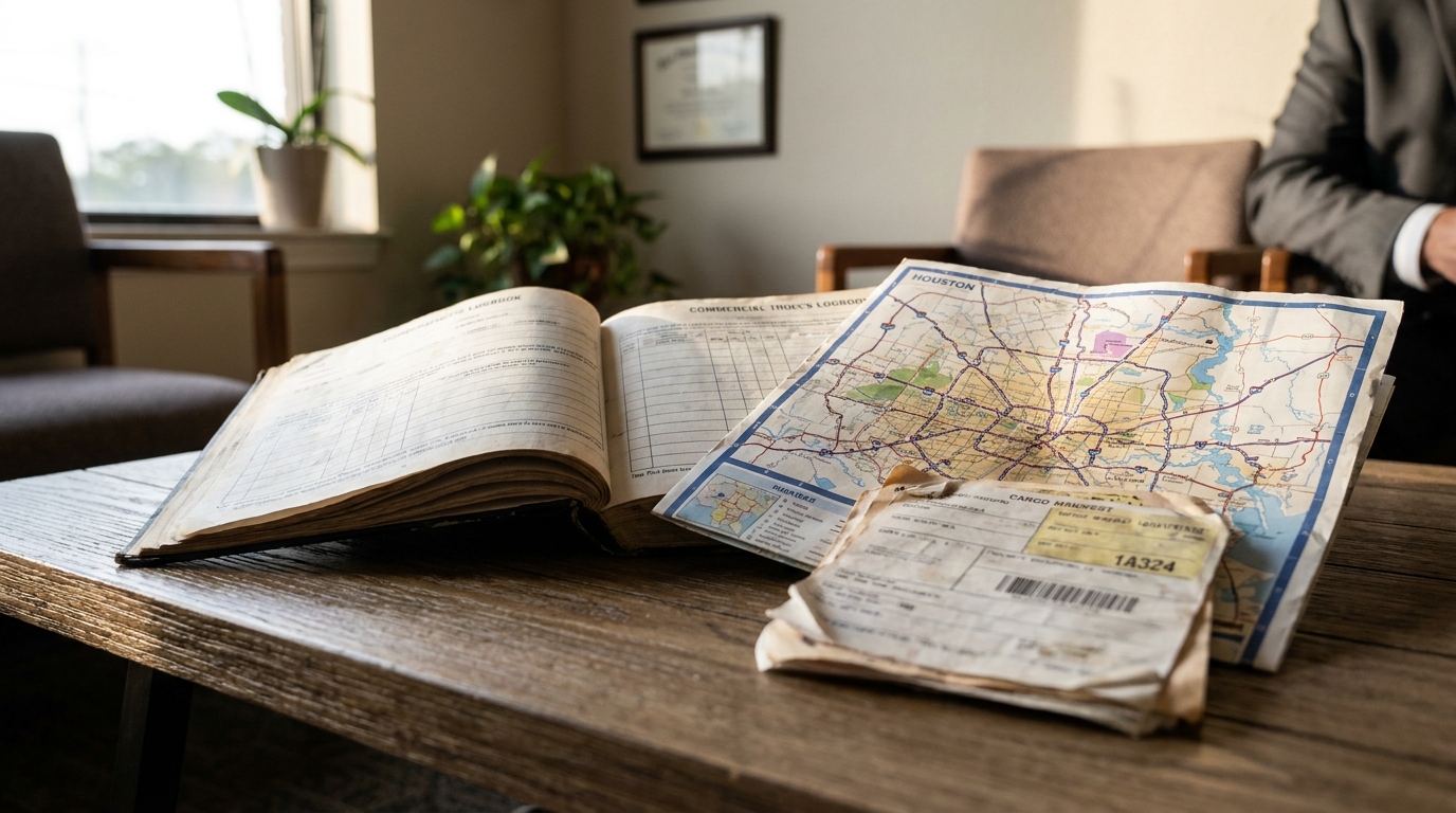 Houston Truck Accident Attorney Reviewing Logbook and Cargo Manifest commercial truck logbook, Houston road map, and cargo manifest on wooden desk