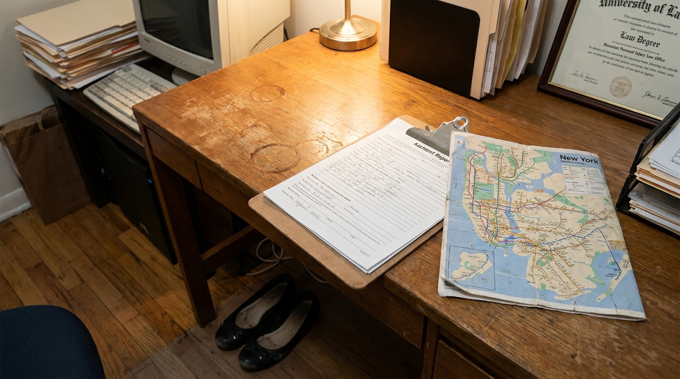 Accident report on clipboard beside New York subway map on law office desk