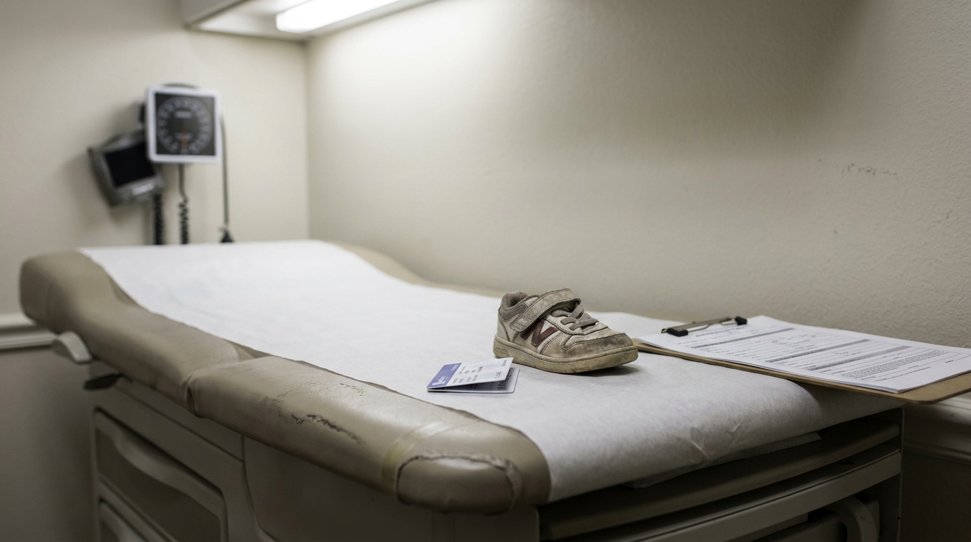 medical examination table with child's sneaker, documents, and wall-mounted blood pressure monitor