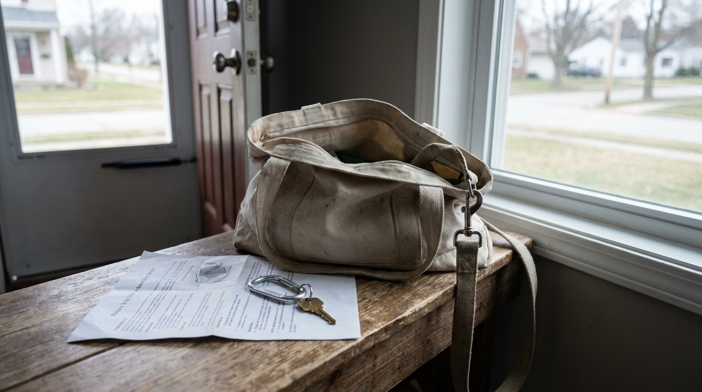 worn canvas bag, house keys, and printed document on wooden entryway bench
