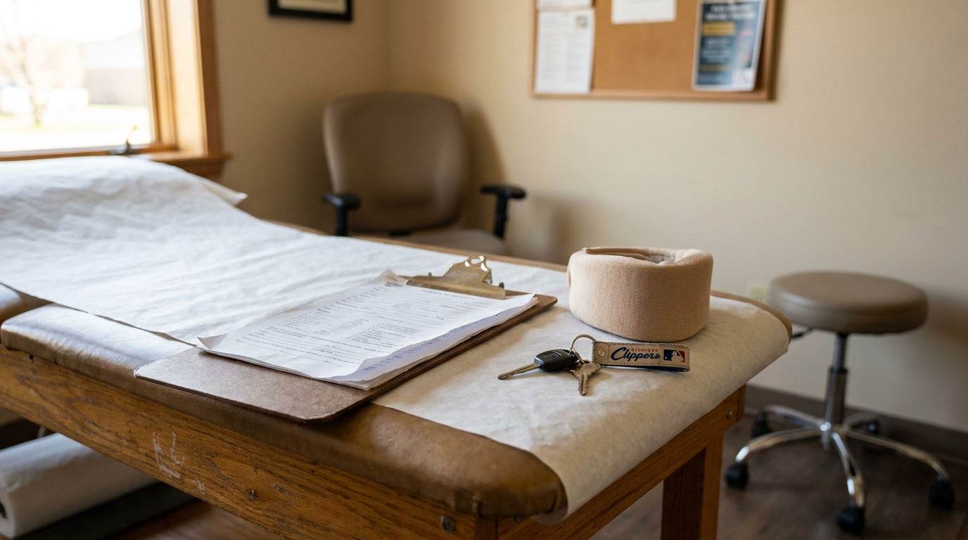 medical exam table with clipboard, neck brace, and keys in clinical room