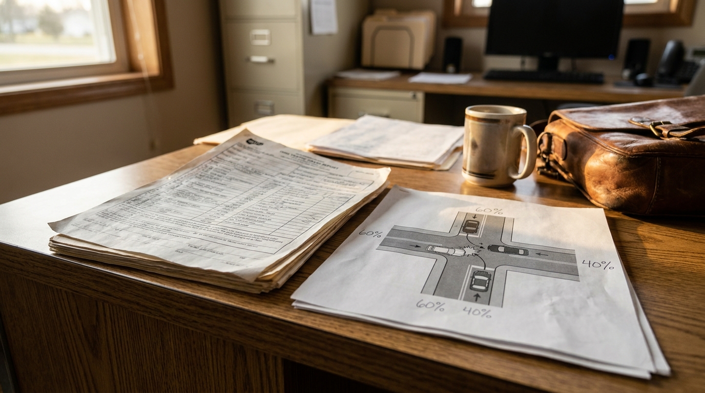 Ohio Comparative Negligence Fault Diagram Mansfield Attorney Desk traffic collision diagram with 60% and 40% fault percentages on legal desk documents