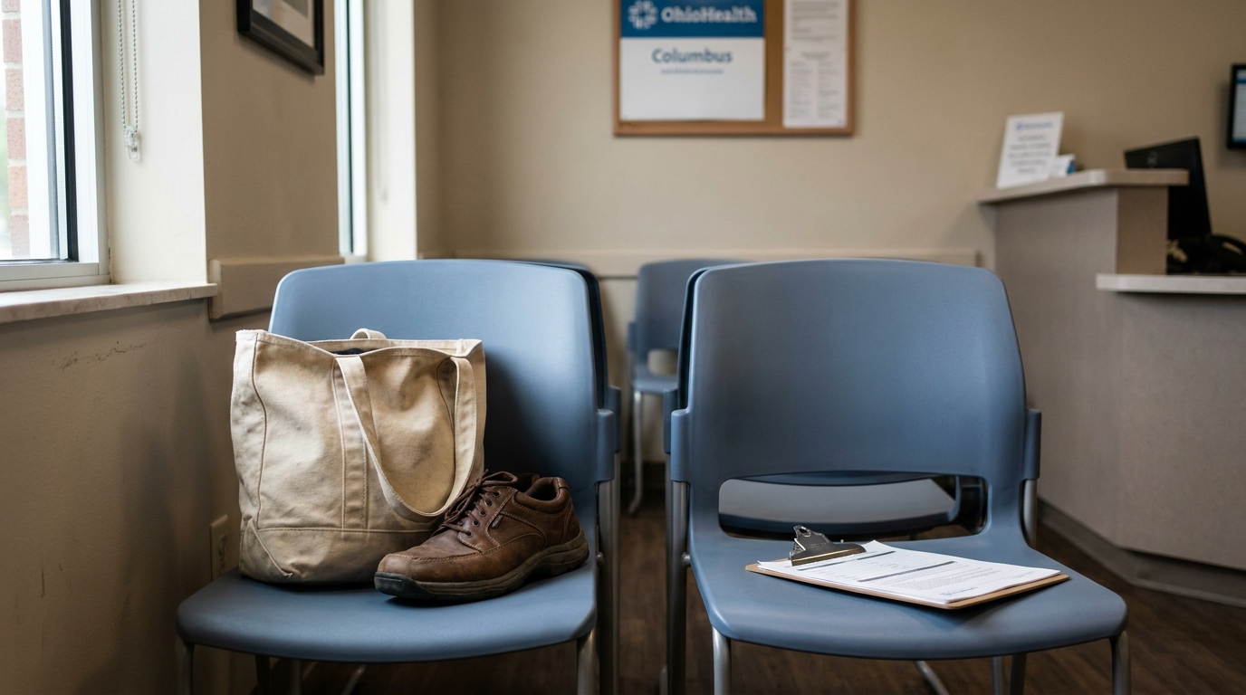 OhioHealth Columbus waiting room chairs with tote bag, shoes, and clipboard