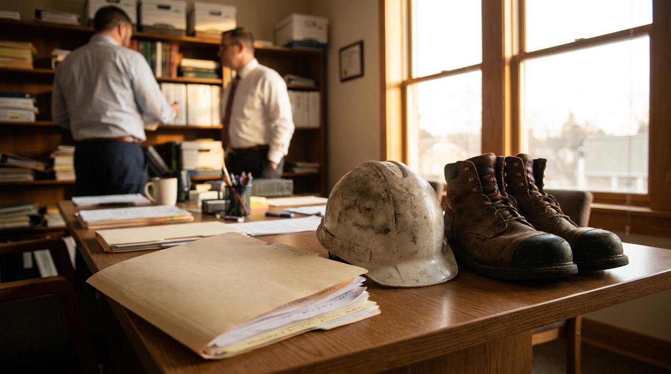 worn hard hat and work boots on desk with attorneys consulting in background